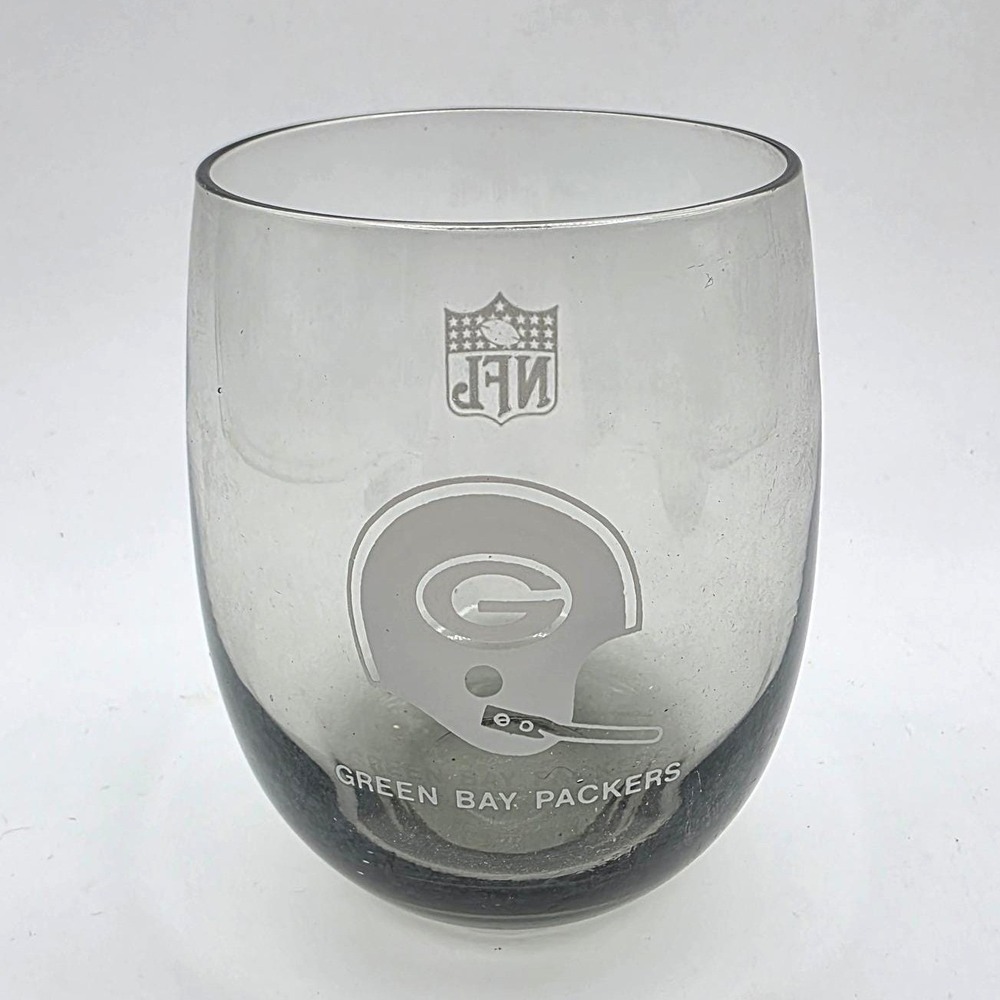 Vintage 1970s Green Bay Packers NFL Smoked Gray Etched Glass Tumbler